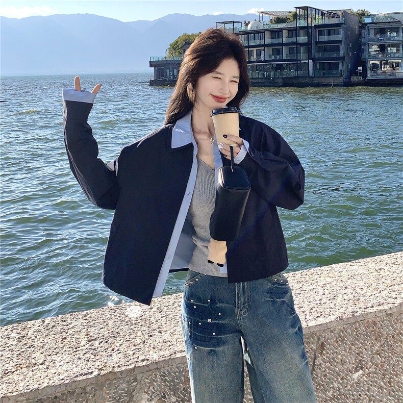 蓝色撞色衬衫领短款夹克外套女2026春秋新款韩系时髦减龄夹克显白,女装短外套,艾米莉亚