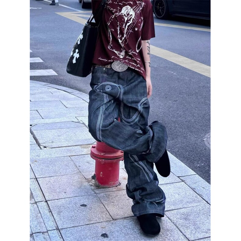 1506-1/KB51351/P美式高街水洗拼接黑色痞帅潮牛仔微喇裤,男装休闲裤,星座1506-1