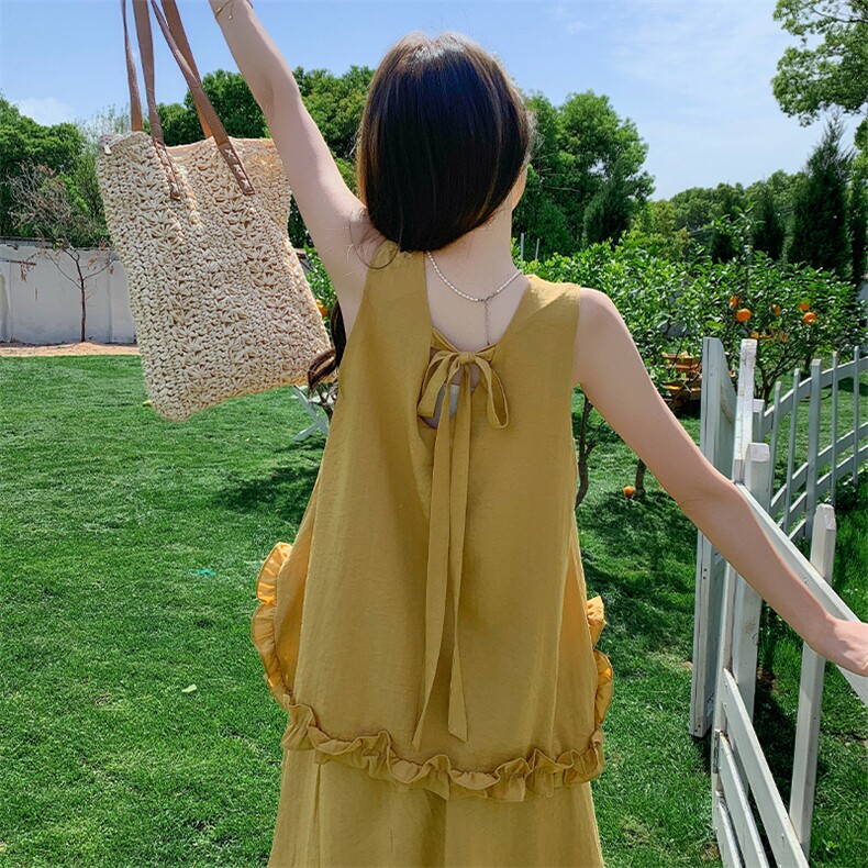 黄色度假浪漫风套装裙女2025夏季甜美气质木耳边背心半身裙两件套,女装套装/套裙,浙宝220
