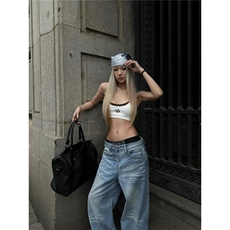 美式复古微喇裤子男设计感凌乱猫须马骝直筒宽松阔腿浅色牛仔裤男，男装牛仔裤，星座506A