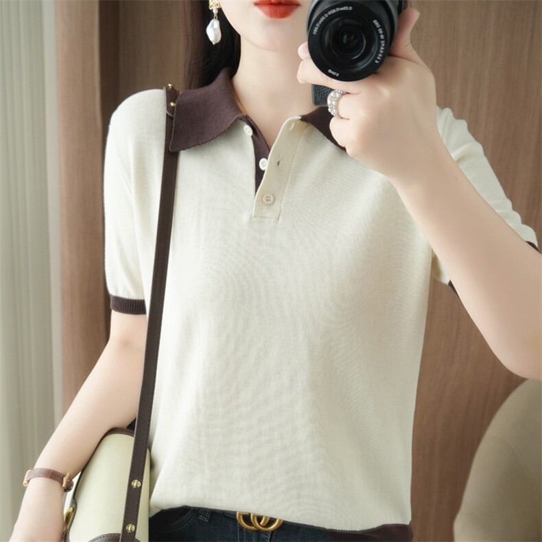 100%纯棉针织POLO领拼色短袖25年夏韩版纽扣时尚T恤百搭显瘦背心，女装T恤，品高羊绒