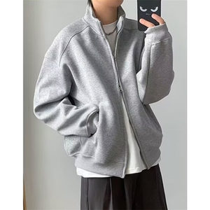 重磅立领开衫卫衣男春季宽松休闲百搭情侣纯色复古外套 W033图片