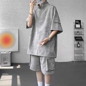 美式工装套装男夏季宽松休闲穿搭一整套短袖2025新款冰丝运动短裤
