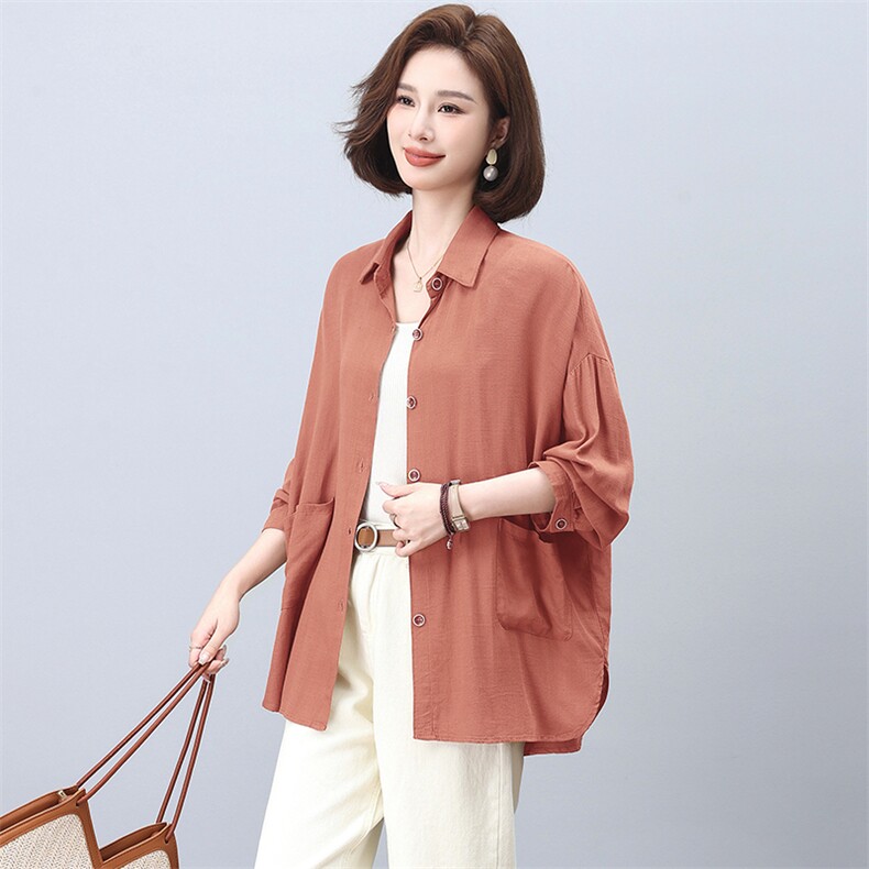 亚麻长袖衬衫女春秋2025年新款中年妈妈大码宽松休闲百搭衬衣上衣,女装衬衫,忆绮罗