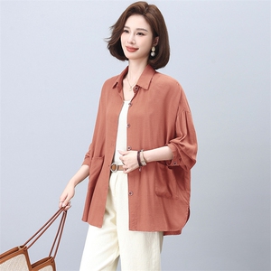 亚麻长袖衬衫女春秋2025年新款中年妈妈大码宽松休闲百搭衬衣上衣图片