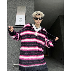 撞色条纹毛衣外套男潮针织衫套头4公分锦纶水貂毛刷毛MY9537，男装针织衫/毛衣，星座1116A-1（原606A）