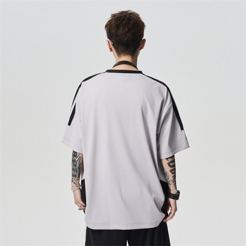 条纹拼接纯色情侣短袖潮牌简约宽松休闲T恤衫男A406T6068特P33,男装T恤,星座309（原A406）