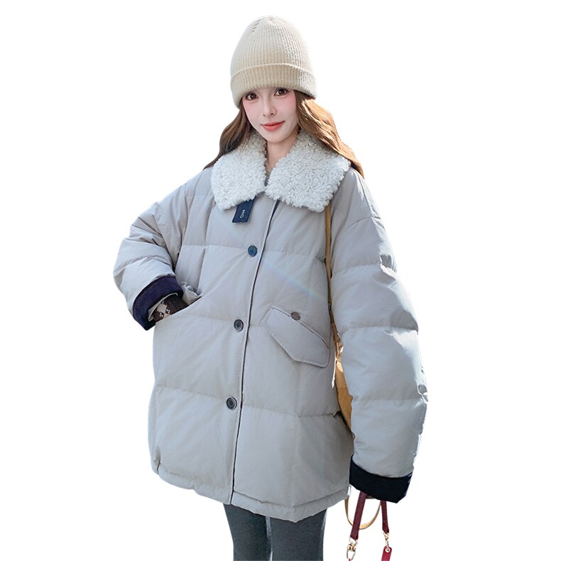 翻领面包服羽绒服女中长款卡其色加厚外套2025冬季新款设计感宽松,女装羽绒服,2C300