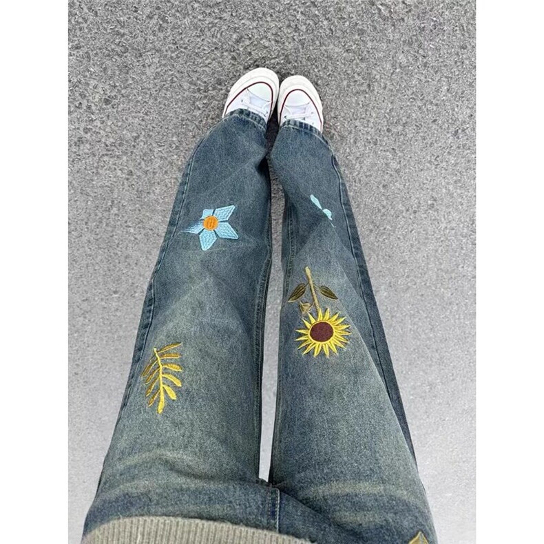 【有货】DAT25-特P52向日葵绣花直筒牛仔裤女春季百搭显瘦阔腿裤，男装牛仔裤，星座603-2