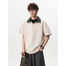 M-8XL美式复古撞色拼接polo衫半拉链短袖t恤大码宽松DX1227/特P40，男装T恤，电商B238