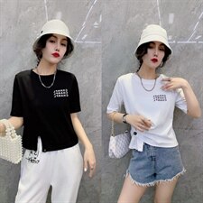 欧洲站2021夏季新款不规则开叉短款T恤女修身显瘦短袖打底衫上衣，女装T恤，潮品会