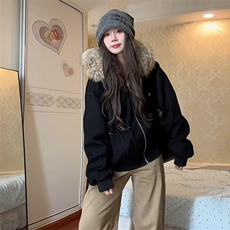 现货重磅boxy短款棉衣座山雕大毛毛领男女棉服水洗工装厚外套，男装棉衣，电商A486-1