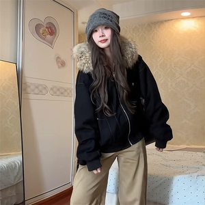 现货重磅boxy短款棉衣座山雕大毛毛领男女棉服水洗工装厚外套图片