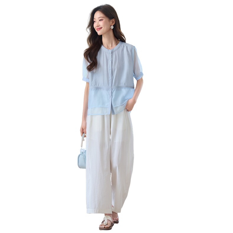 时尚短袖衬衫女夏季2025年新款妈妈减龄宽松气质圆领拼接小衫上衣,女装套装/套裙,木子恋