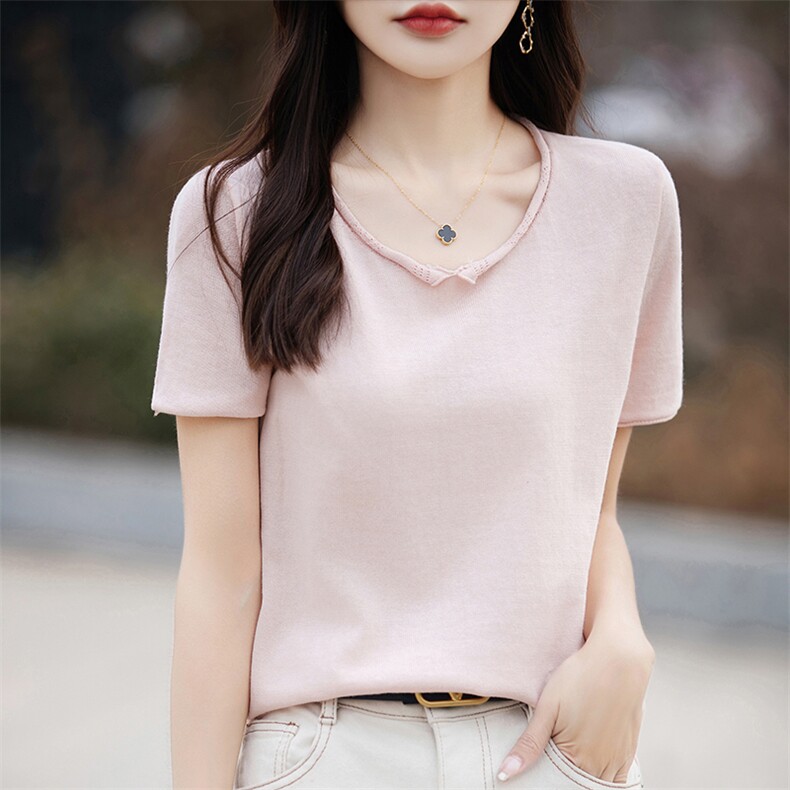V领短袖纯棉线打底针织衫T恤女宽松套头宽松大码全棉洋气半袖上衣，女装T恤，斯美雅电商供货