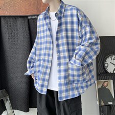 21秋装新款港风格子长袖衬衫男女情侣宽松外套日系ins潮H211/P45,男装衬衫,钱塘713