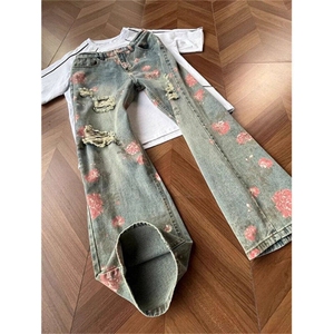 美式高街花卉印花破洞牛仔裤男夏季潮牌弯刀裤直筒裤LN12588-P48图片