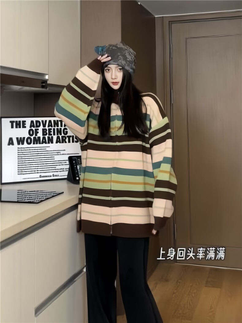 美式复古彩虹撞色针织衫青春情侣潮牌宽松外套毛衣XZ301AM01P78,男装针织衫/毛衣,星座301A