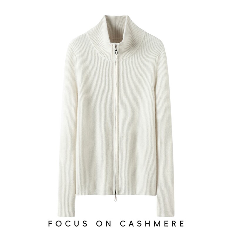 2025年秋季直筒型通勤长袖十二针抽条拉链开衫，女装羊绒衫，缇曼羊绒