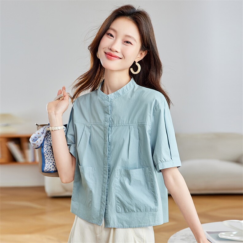 纯棉短袖衬衫女2026夏季新款立领衬衣开衫气质小个子大码短款上衣,女装衬衫,简韵佳