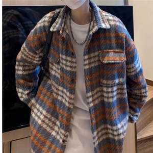 F423 P58毛呢格子外套男士2024新款春秋季美式潮牌青图片