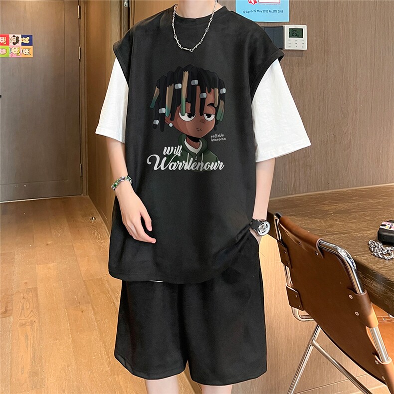 直播美式麂皮绒宽松背心无袖t恤短裤大码两件套套装TZ99-P58,男装T恤,电商A486