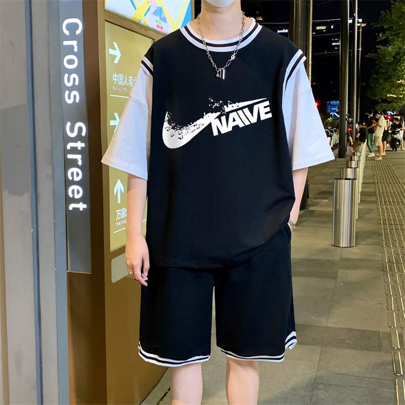夏季短袖T恤套装青少年纯棉吸汗男潮流两件套男装TZ391P60控89，男装休闲套装，电商A086