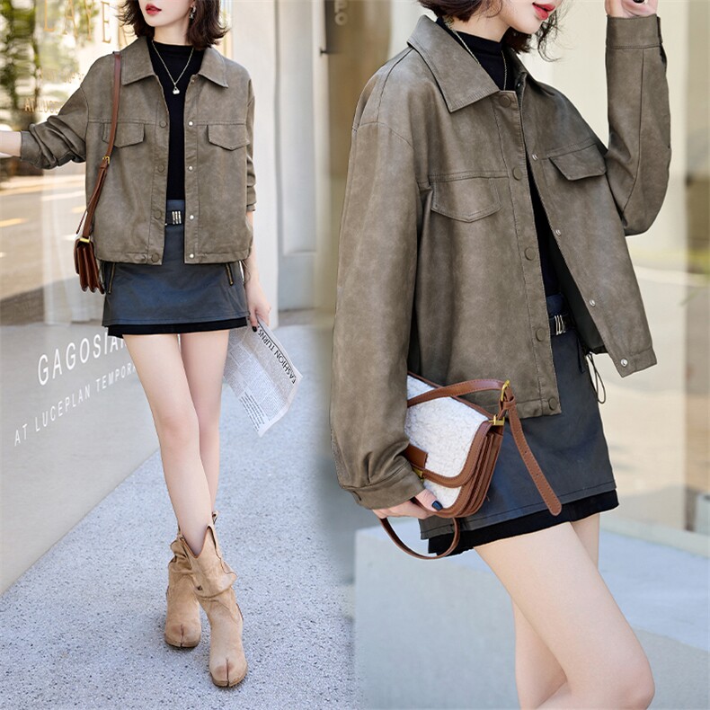 短外套女2024早秋新款翻领简约质感百搭PU仿皮外套，女装皮衣，江南女神