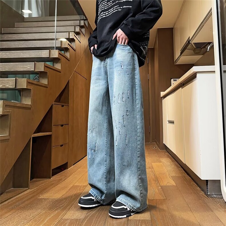 美式复古做旧破坏牛仔裤男女cleanfit宽松直筒百搭垂感微喇裤,男装牛仔裤,星座1013-1