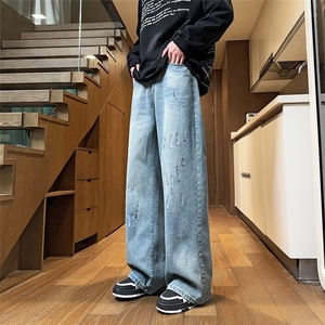 美式复古做旧破坏牛仔裤男女cleanfit宽松直筒百搭垂感微喇裤图片