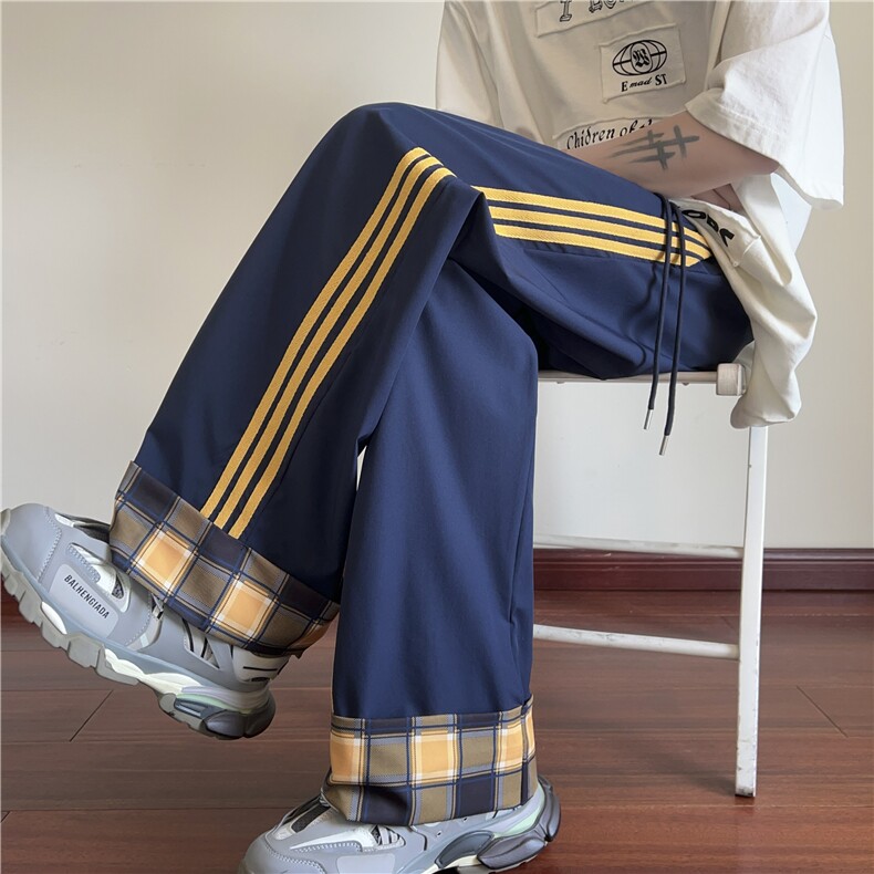 秋季新款潮流撞色格子拼接宽松休闲冰丝裤B315-K25642-特p35控68图片