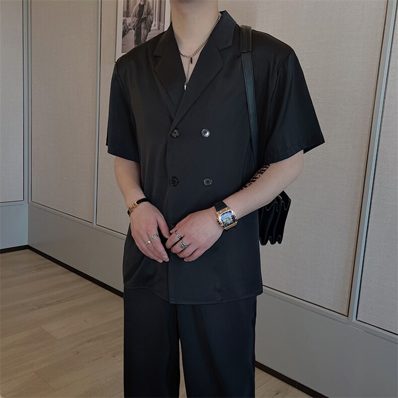 夏季绸缎薄款休闲西服套装男短袖衬衣长裤两件套TZ217-P130控165,男装T恤,电商B267