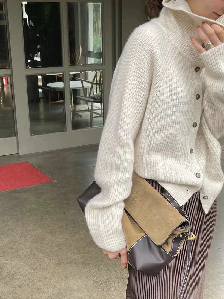 慵懒风高领单排扣针织开衫女秋冬新款百搭毛衣,女装羊毛衫,恩泰羊绒