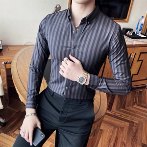 个性修身衬衫男上衣翻领条纹衬衣黑色 c613-P40图片
