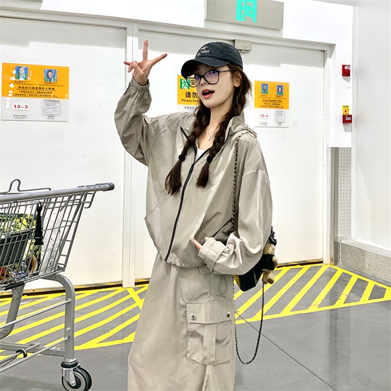 韩系慵懒风工装冲锋衣套装裙女春秋两件套学院风减龄盐系炸街小众,女装套装/套裙,纯色衣恋