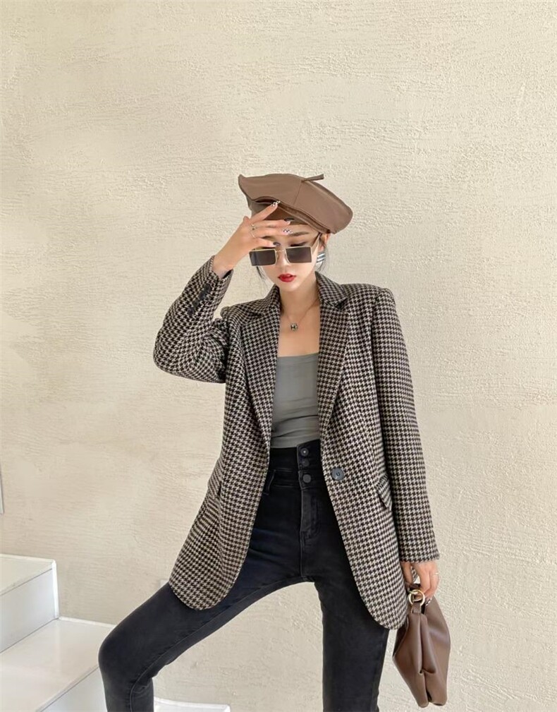 格子全毛呢西装，女装西装，卉尔