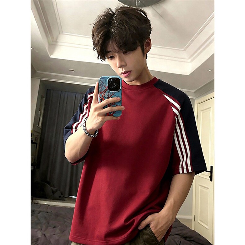 2026夏季新款拼接三条杠270g华棉短袖T恤DT6261特P25建议零售价68，男装T恤，电商A001