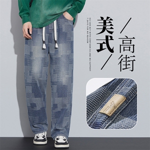 美式复古星空纹牛仔裤男款夏季人字纹直筒阔腿长裤潮9312#-P52图片