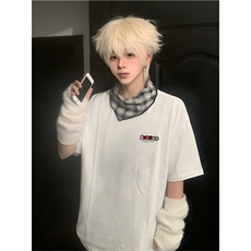 抖音得物供货210克现货宽松纯棉美式潮牌印花落肩袖纯棉T恤AT2164，男装T恤，电商A443