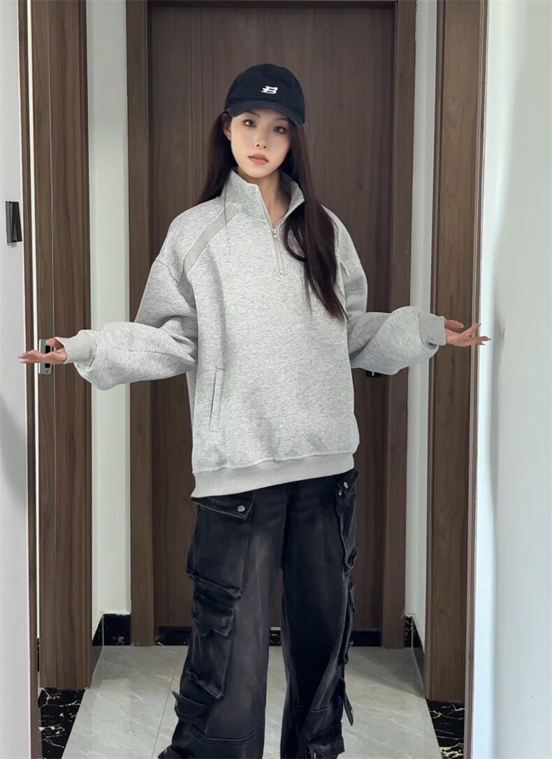 美式复古半拉链套头卫衣男女秋季宽松情侣百搭休闲上衣特P48,男装卫衣,电商C306-1