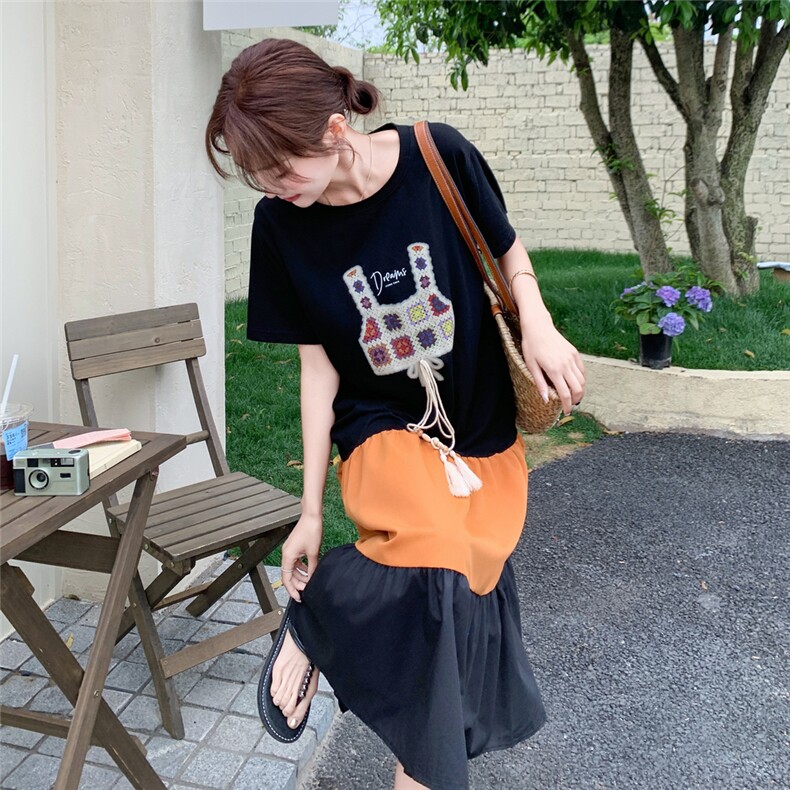 设计感轻熟风撞色拼接宽松t恤长裙女夏季新款别致洋气黑色连衣裙,女装连衣裙,2C113