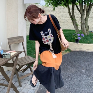 设计感轻熟风撞色拼接宽松t恤长裙女夏季新款别致洋气黑色连衣裙图片