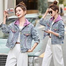 小清新渐变色拼接蓝色牛仔外套女2025春秋新款小个子时尚减龄夹克，女装短外套，梦依缘