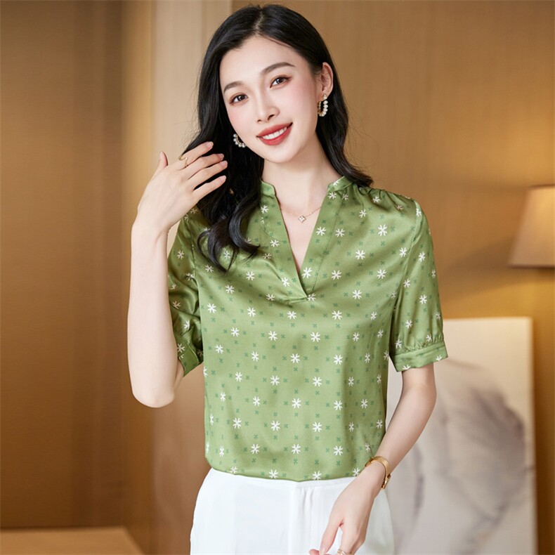 v领真丝衬衫女短袖夏季2025新款宽松大码印花桑蚕丝上衣中年妈妈,女装衬衫,阿舍尔精品