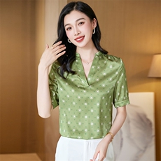 v领真丝衬衫女短袖夏季2025新款宽松大码印花桑蚕丝上衣中年妈妈，女装衬衫，阿舍尔精品