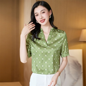 v领真丝衬衫女短袖夏季2025新款宽松大码印花桑蚕丝上衣中年妈妈图片