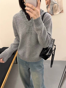 2025年秋季通勤时尚百搭通勤简约休闲花边帽衫，女装针织衫/毛衣，晨旭羊绒