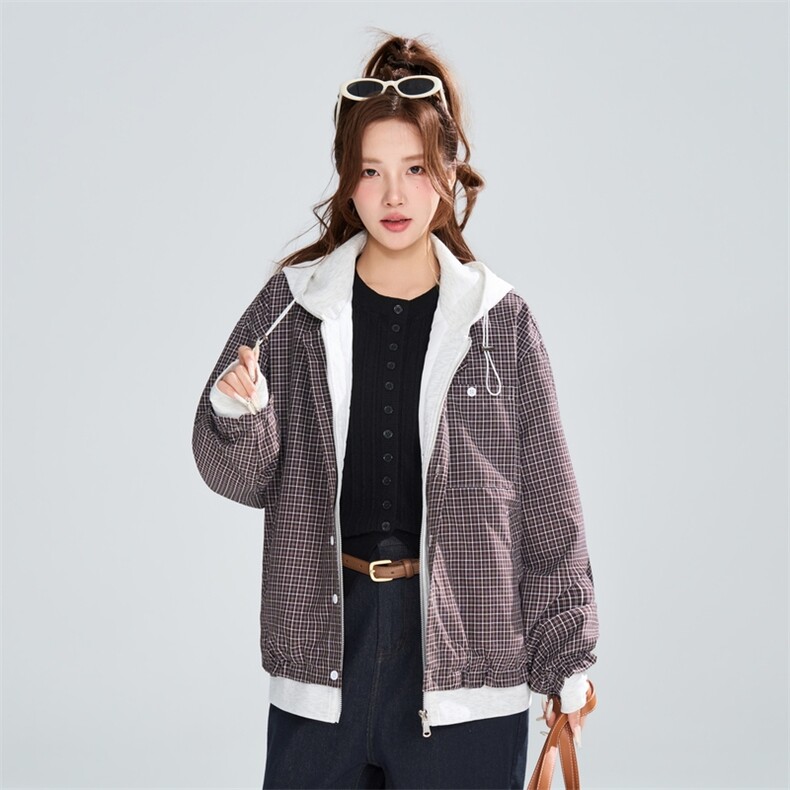 拼接格纹连帽假两件夹克女春季宽松休闲百搭外套XZ309JK8016P83，男装夹克，星座309（原A406）