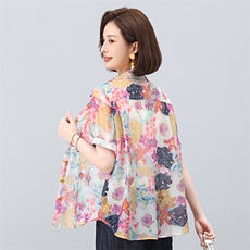 叶笙衣2552衬衫领短袖印花上衣，女装衬衫，叶笙衣