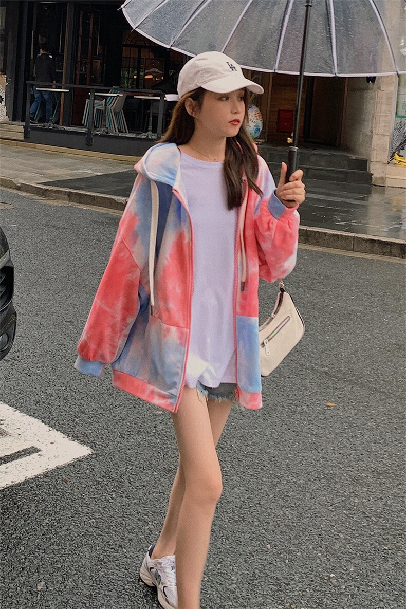 爆款2021春秋装新款加长袖扎染宽松韩版卫衣166-1050P85控138粉色,女装卫衣/绒衫,茜茜公主